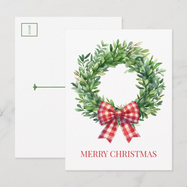 Watercolor Green Wreath With Red Gingham Bow Postcard (Front/Back)