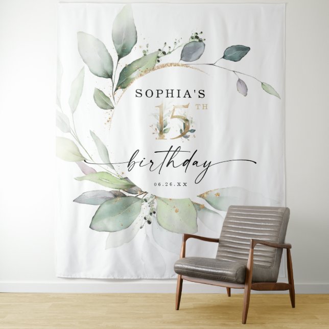 Watercolor Greenery 15th Birthday Backdrop Tapestry (In Situ)