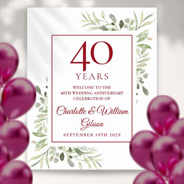 Watercolor Greenery 40th Anniversary Welcome Poster (Watercolor Greenery 40th Anniversary Welcome Poster)