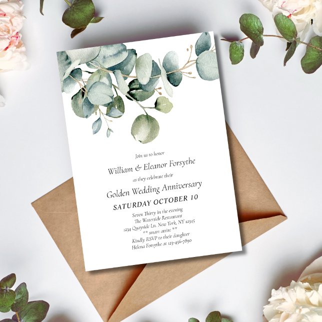 Watercolor Greenery 50th Wedding Anniversary  Invitation (Creator Uploaded)