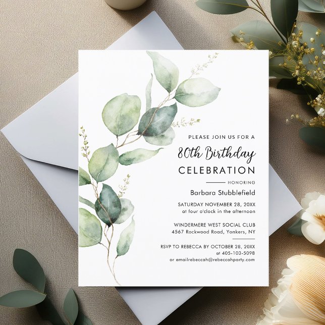 Watercolor Greenery 80th Birthday Party Invitation (80th Birthday Party Eucalyptus Stem Invitation)