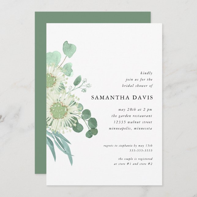 Watercolor Greenery and Flowers Bridal Shower Invitation (Front/Back)