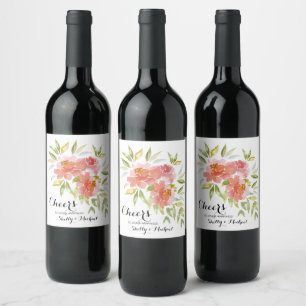 Watercolor Greenery and Flowers Cheers Wedding Wine Label