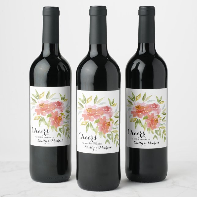 Watercolor Greenery and Flowers Cheers Wedding Wine Label (Bottles)