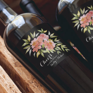 Watercolor Greenery and Flowers Cheers Wedding Wine Label