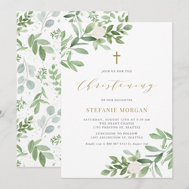Watercolor Greenery and Flowers Christening Invitation (Front/Back)