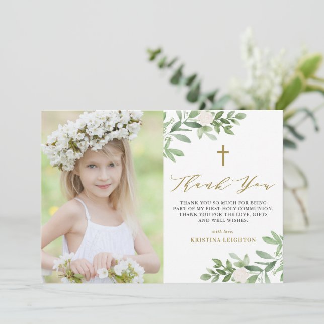 Watercolor Greenery and Flowers First Communion Thank You Card (Standing Front)