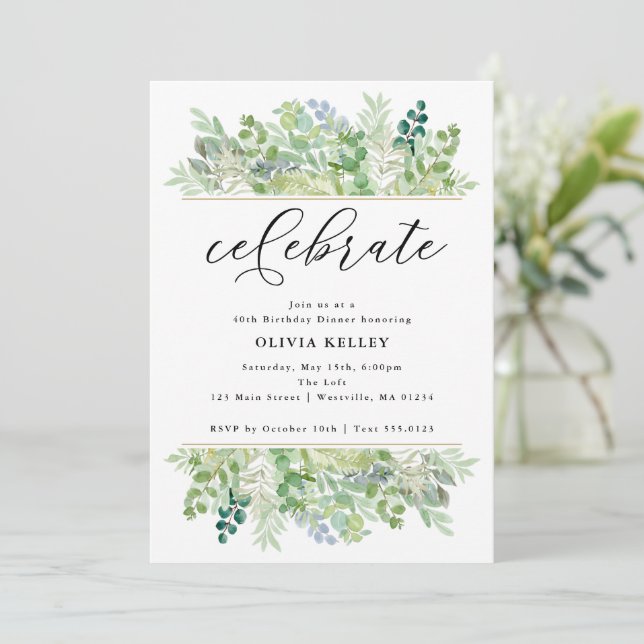 Watercolor Greenery and Foliage Border Celebrate Invitation (Standing Front)