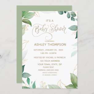   Watercolor Greenery and Gold  Baby Shower     Invitation