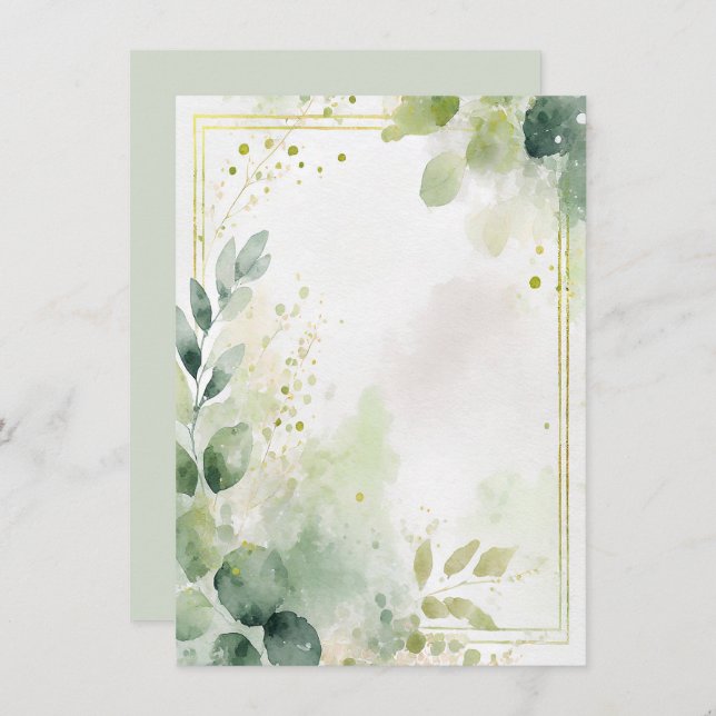 Watercolor greenery and gold blank Wedding Invitation (Front/Back)