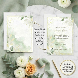 Watercolor greenery and gold blank Wedding Invitation