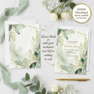 Watercolor greenery and gold blank Wedding Invitation