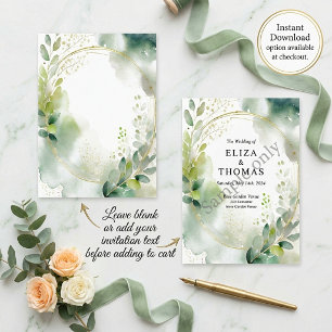 Watercolor greenery and gold blank Wedding Invitation