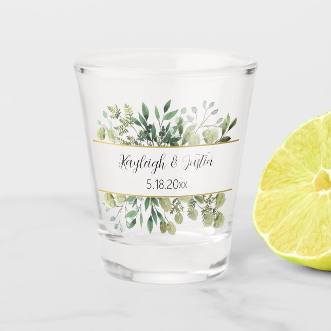 Watercolor Greenery and Gold Botanical Wedding Shot Glass (Front)