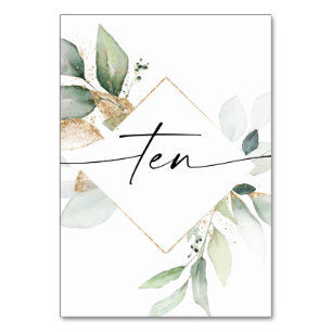 Watercolor Greenery and Gold Table Numbers Ten