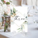 Watercolor Greenery and Gold Table Numbers Three<br><div class="desc">This table number design features an elegant arrangement of eucalyptus greenery and a minimal script font. Click the "Click to customise further" button to edit the script wording's colour and the background colour. See the entire collection for more matching items!</div>