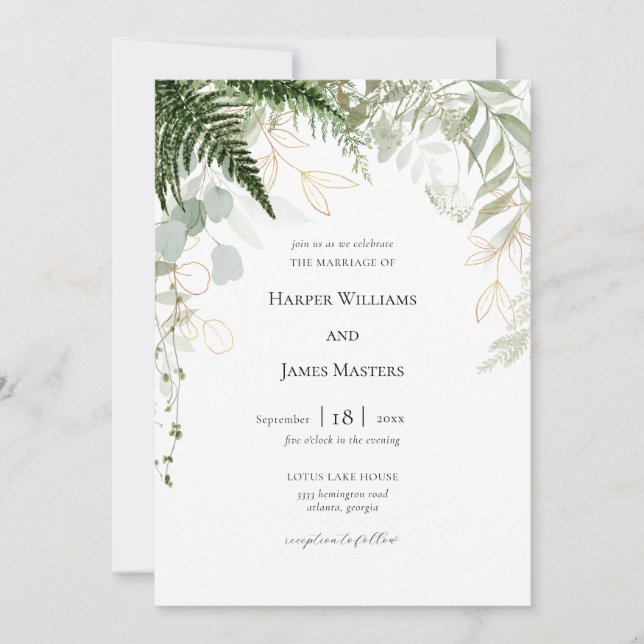 Watercolor Greenery and Gold Wedding Invitation (Front)