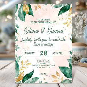Watercolor Greenery and Gold Wedding Invitation