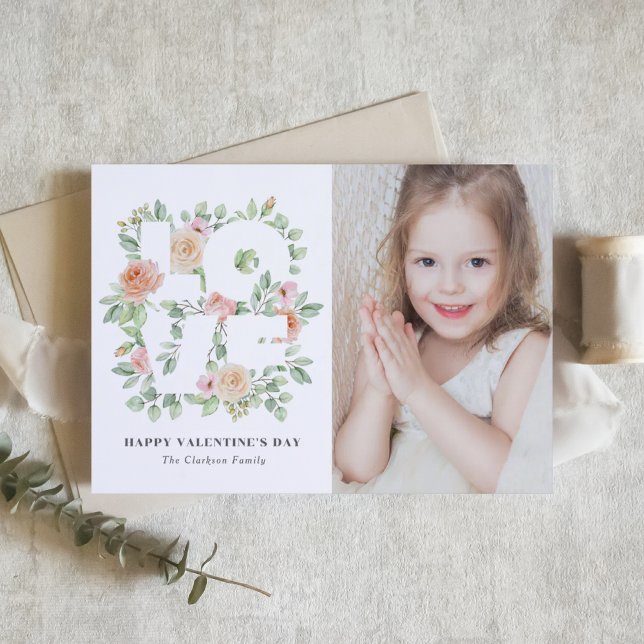 Watercolor Greenery and Rose Photo Valentine's Day Card (Creator Uploaded)