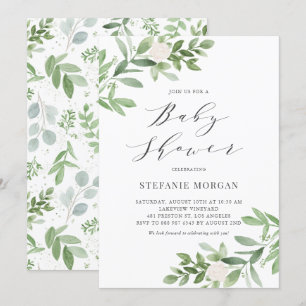 Watercolor Greenery and White Floral Baby Shower Invitation