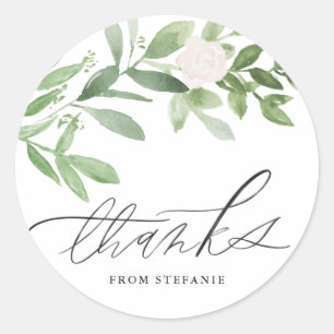 Watercolor Greenery and White Flower Thank You Classic Round Sticker