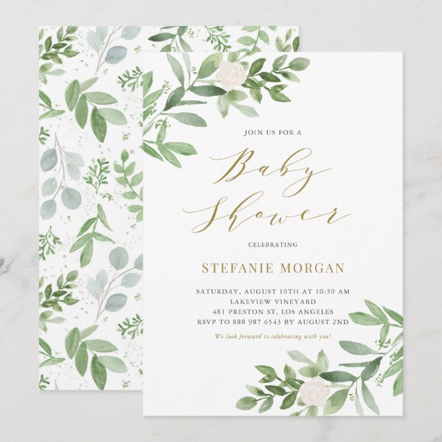 Watercolor Greenery and White Flowers Baby Shower Invitation (Front/Back)