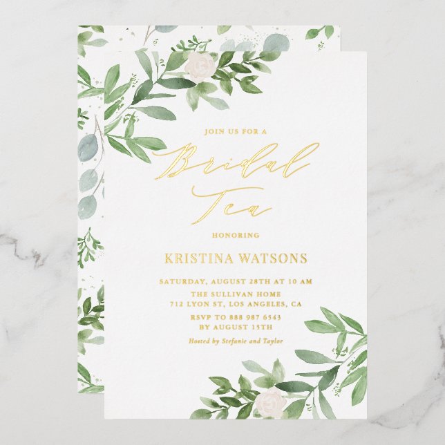 Watercolor Greenery and White Flowers Bridal Tea (Front/Back)
