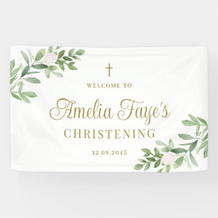Watercolor Greenery and White Flowers Christening Banner