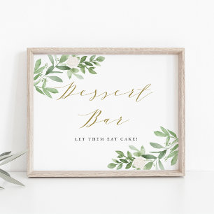 Watercolor Greenery and White Flowers Dessert Bar Poster