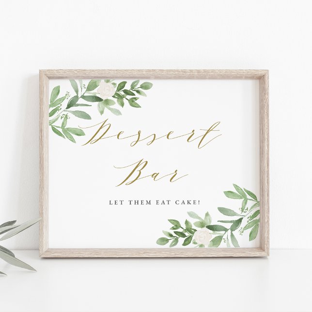 Watercolor Greenery and White Flowers Dessert Bar Poster (Creator Uploaded)