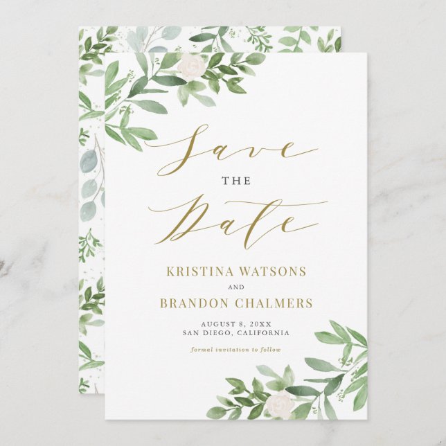 Watercolor Greenery and White Flowers Gold Save The Date (Front/Back)