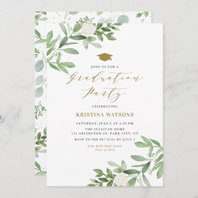 Watercolor Greenery and White Flowers Graduation Invitation (Front/Back)