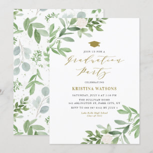 Watercolor Greenery and White Flowers Graduation Invitation
