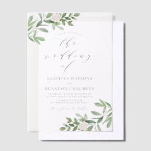 Watercolor Greenery and White Flowers Grey Wedding Vellum Invitations