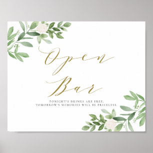 Watercolor Greenery and White Flowers Open Bar Poster