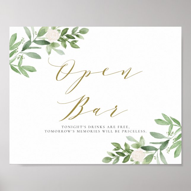 Watercolor Greenery and White Flowers Open Bar Poster (Front)