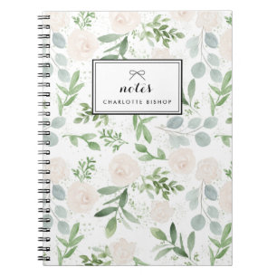 Watercolor Greenery and White Flowers Pattern Notebook