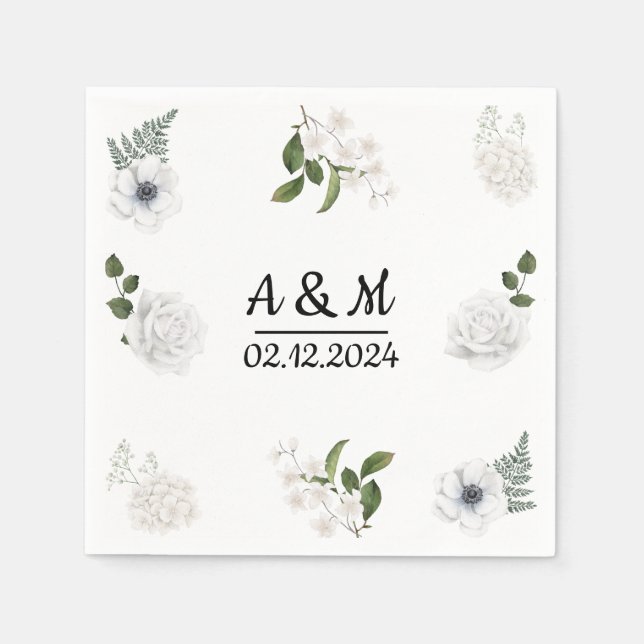 Watercolor Greenery and White Flowers Personised Napkin (Front)