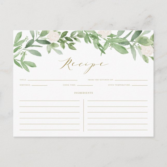 Watercolor Greenery and White Flowers Recipe Card (Front)