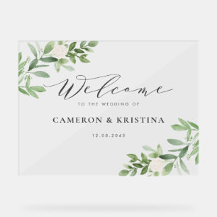 Watercolor Greenery and White Flowers Wedding Acrylic Sign