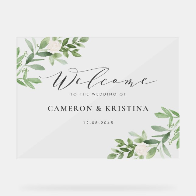 Watercolor Greenery and White Flowers Wedding Acrylic Sign (Front)