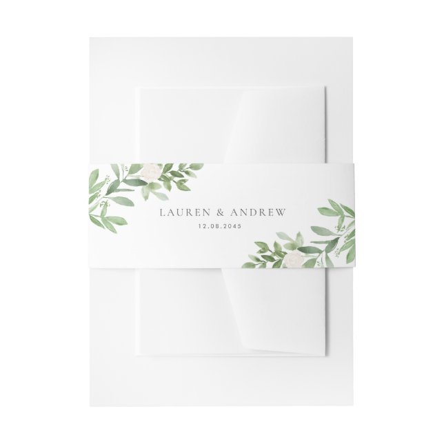 Watercolor Greenery and White Flowers Wedding Invitation Belly Band (Front Example)