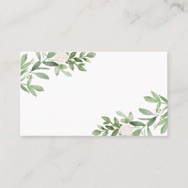Watercolor Greenery and White Flowers Wedding Place Card (Front)