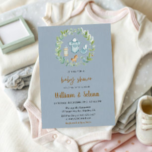 Watercolor Greenery Baby Boy Shower Invitation