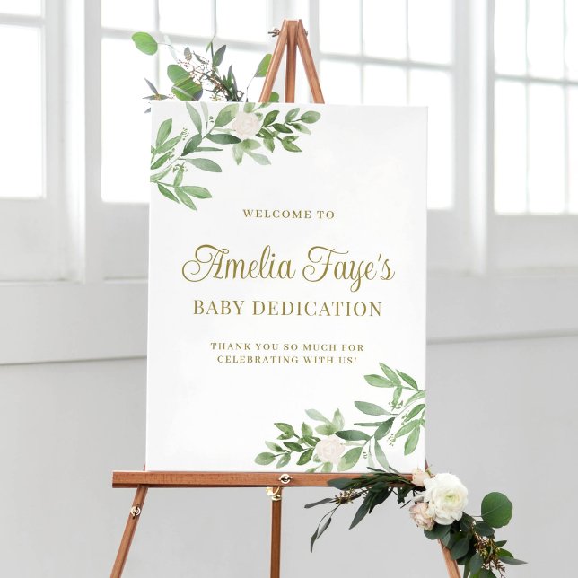 Watercolor Greenery Baby Dedication Welcome Poster (Botanical baby dedication welcome sign featuring watercolor greenery and white flowers. )