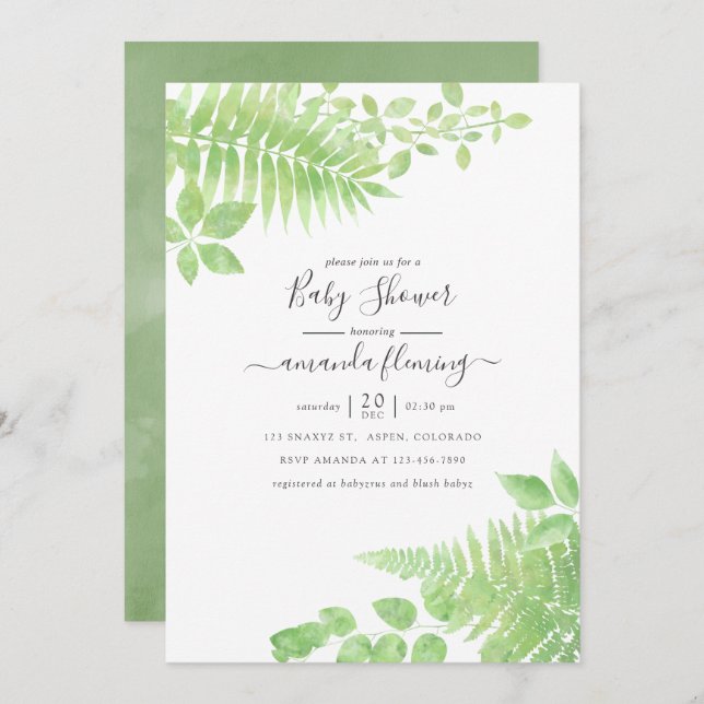 Watercolor Greenery Baby Shower Invitation (Front/Back)