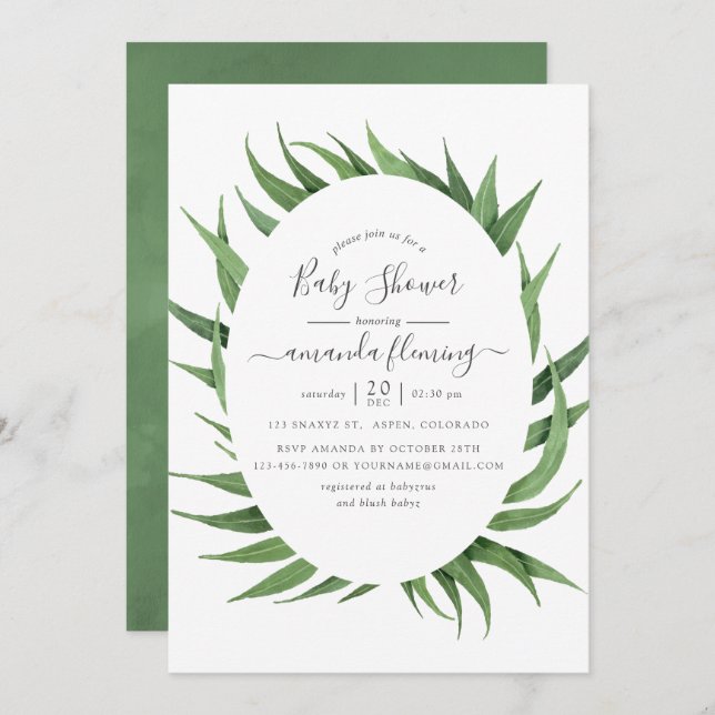 Watercolor Greenery Baby Shower Invitation (Front/Back)