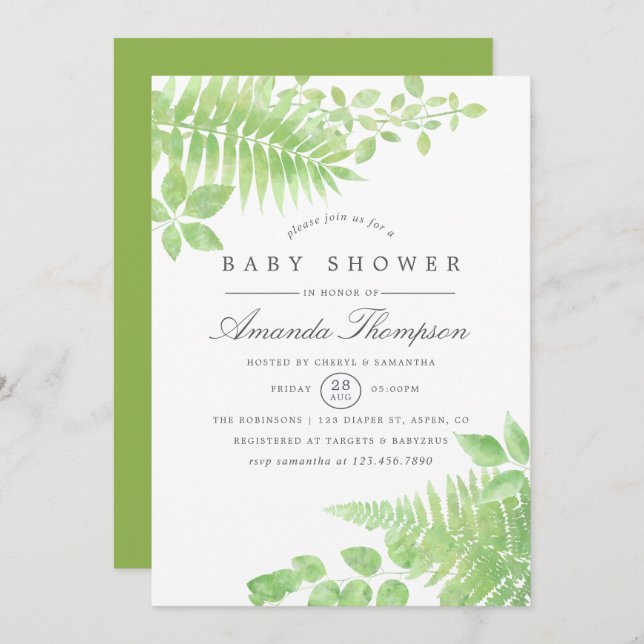 Watercolor Greenery Baby Shower Invitation (Front/Back)