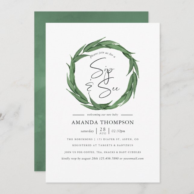 Watercolor Greenery Baby Sip and See Invitation (Front/Back)