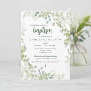 Watercolor Greenery Baptism Baby Invitation